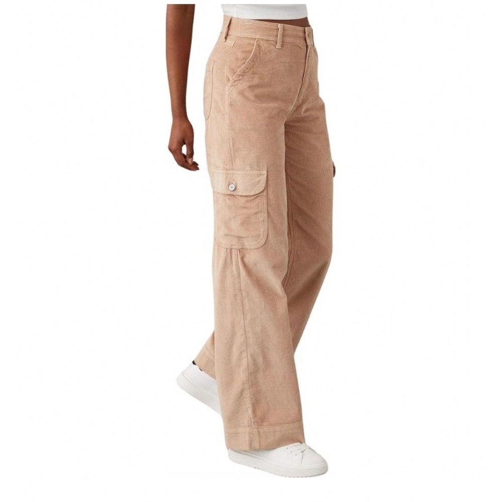 American Eagle Cargo Pants Mens 4 Long Super High Rise Baggy Wide Leg Tan EUC